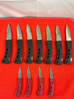 11 pcs Modern Steel Folding Blade Pocket Hunting Knives. Unknown Makers, Unknown Models. See pics.