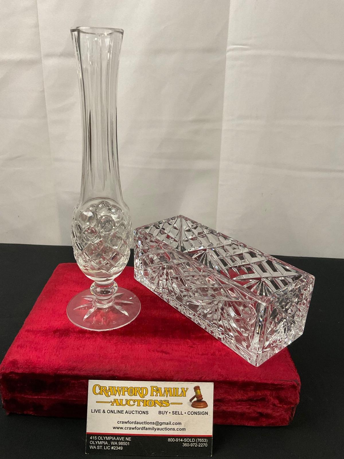 Pair of Waterford Crystal Pieces, Tall Bud Vase & Rectangular Box