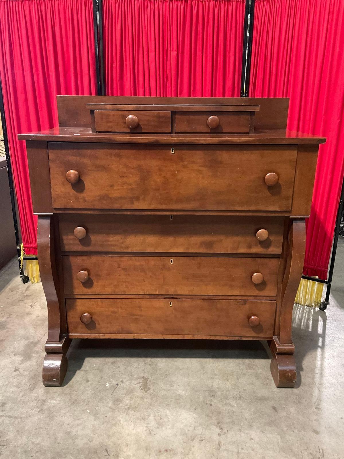 Antique Wooden Empire Dresser w/ Glass Top, 6 Drawers & Handsome Curved Legs. See pics.