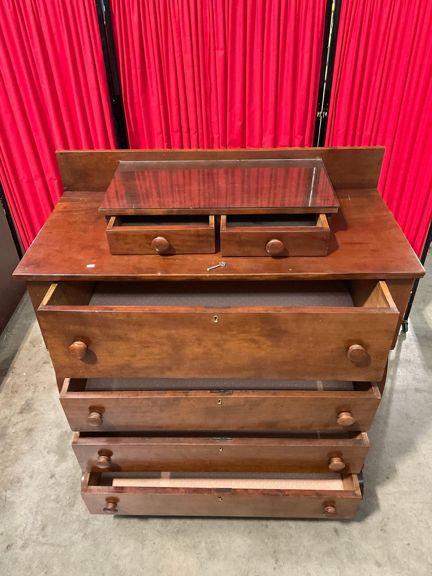 Antique Wooden Empire Dresser w/ Glass Top, 6 Drawers & Handsome Curved Legs. See pics.