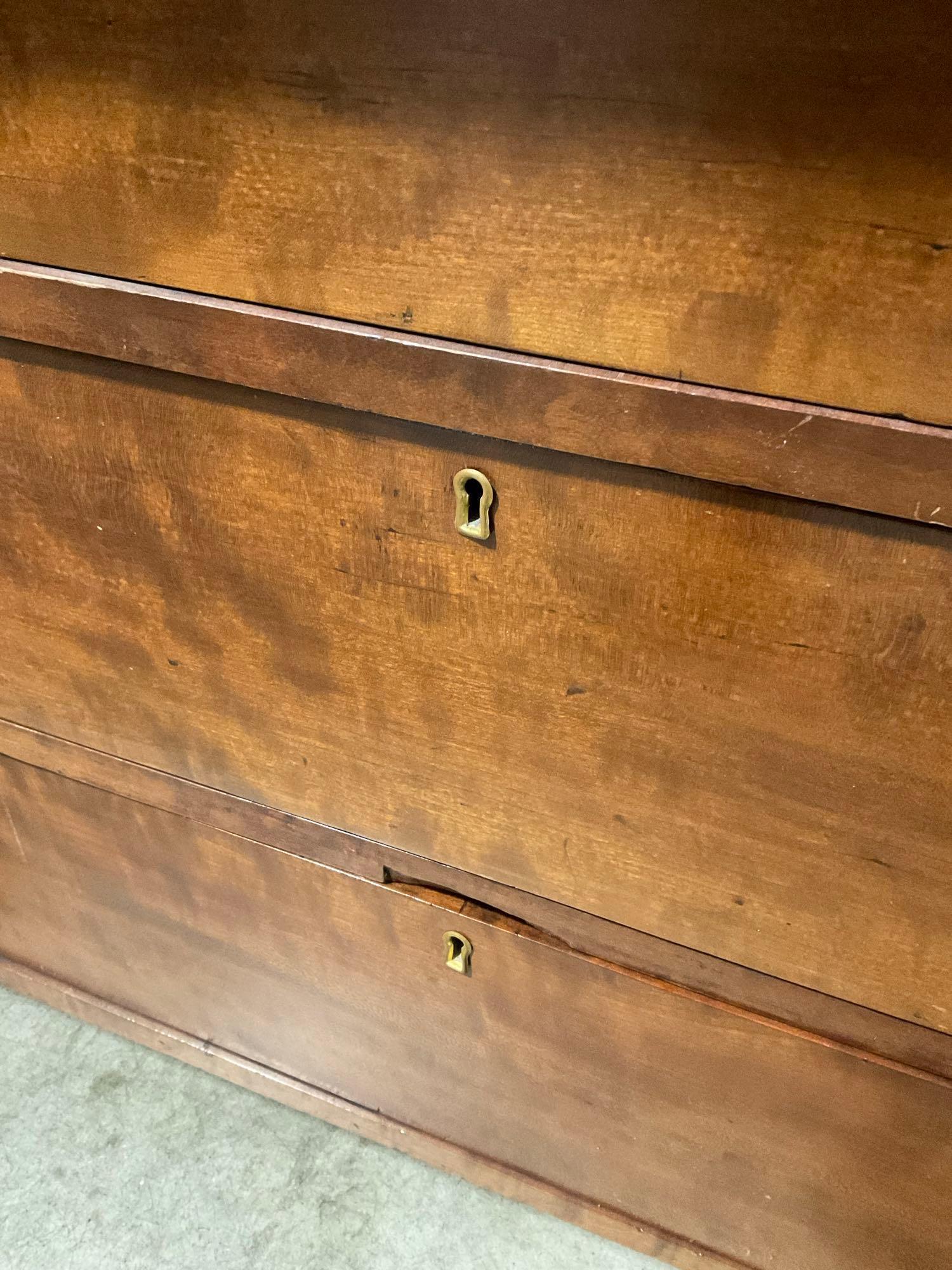 Antique Wooden Empire Dresser w/ Glass Top, 6 Drawers & Handsome Curved Legs. See pics.