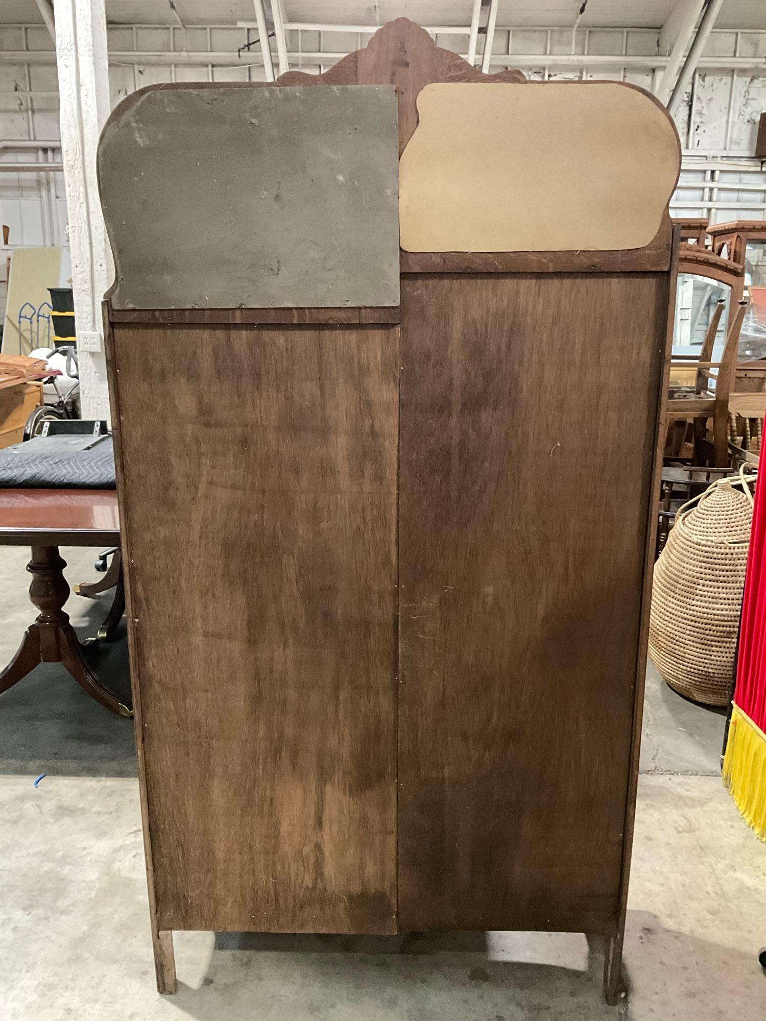 Antique Tiger Oak Combination Secretary Desk & Curio Cabinet w/ Curved Glass Door & 2 Mirrors. See