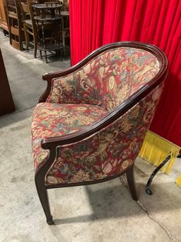 Vintage Wooden Tub Chair w/ Red Tulips & Cornucopias Floral Upholstery. Measures 24" x 34" See pi...