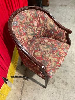 Vintage Wooden Tub Chair w/ Red Tulips & Cornucopias Floral Upholstery. Measures 24" x 34" See pi...