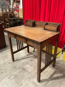 Vintage Quaint Furniture Mission Style Tiger Oak Writing Table w/ Letter Compartments & Drawer. See