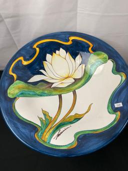 Handpainted Italian Footed Dish, Lotus Design w/ Blue Rim