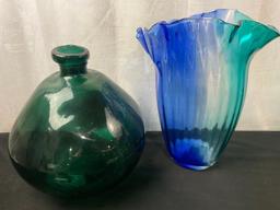 Large Handblown Recycled Round Vase Dark Green & Blue/Clear/Teal Large Vase w/ Frilled Edge