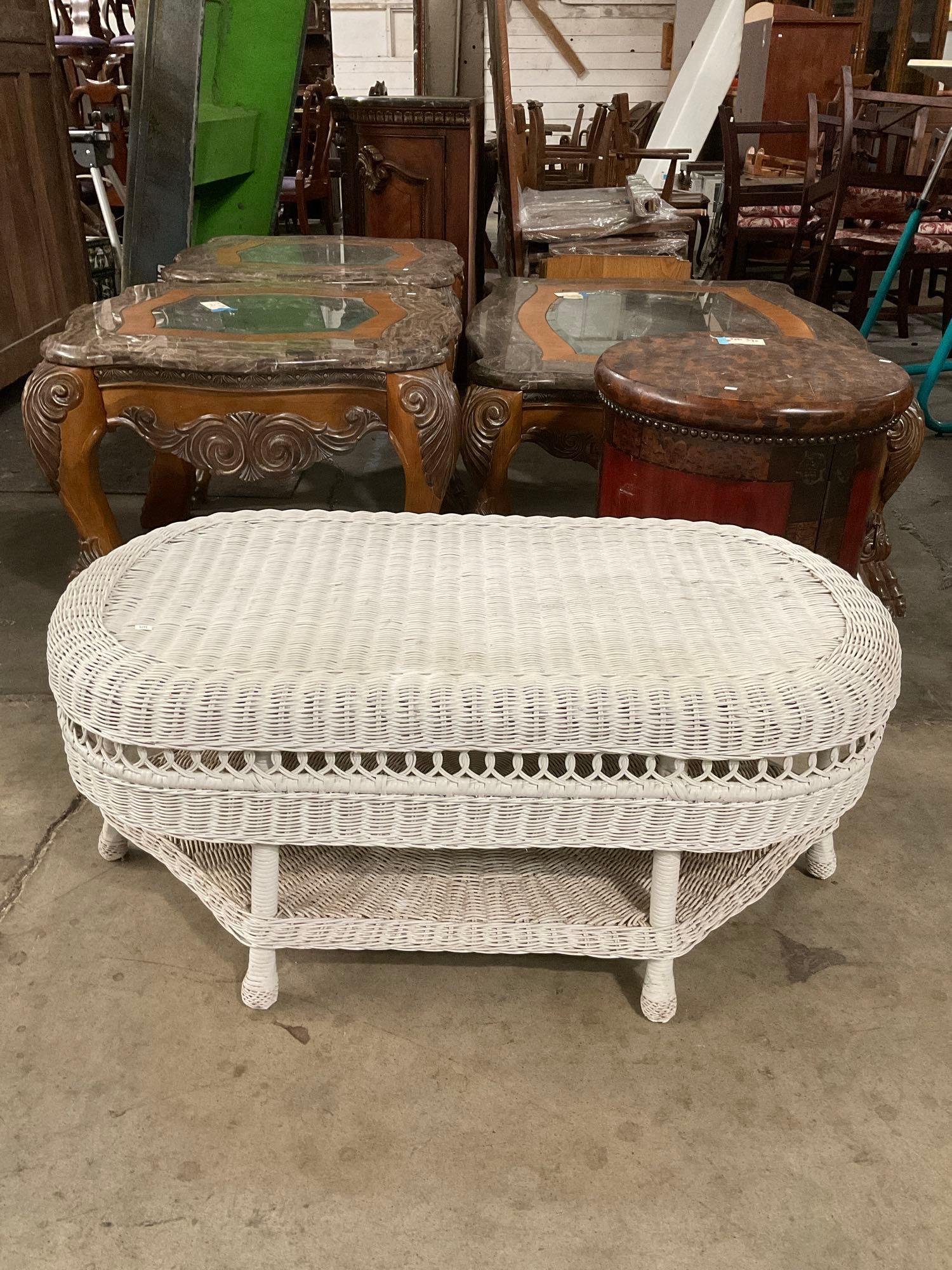 Vintage White Wicker Patio Coffee Table w/ 2 Tiers & Unique Shape. Measures 42.5" x 18" See pics.