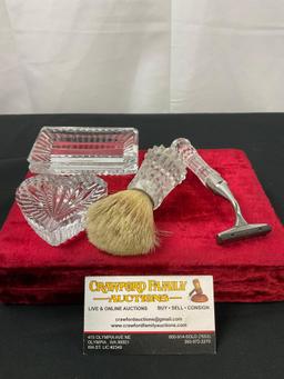 Vintage Waterford Crystal Vanity Shaving Set, Rect. & Heart Shaped Soap Holder, Shaver & Brush