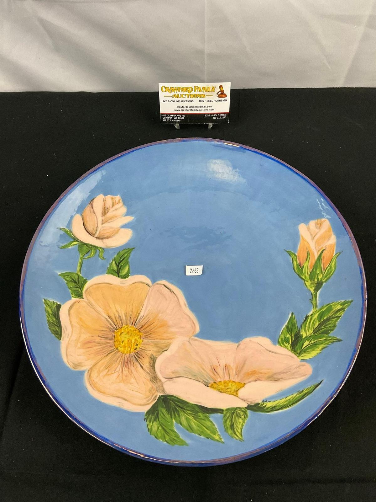 Vintage Decorative Blue Ceramic Plate w/ Hand Painted Pink Dog Rose Blossom. Unsigned. See pics.