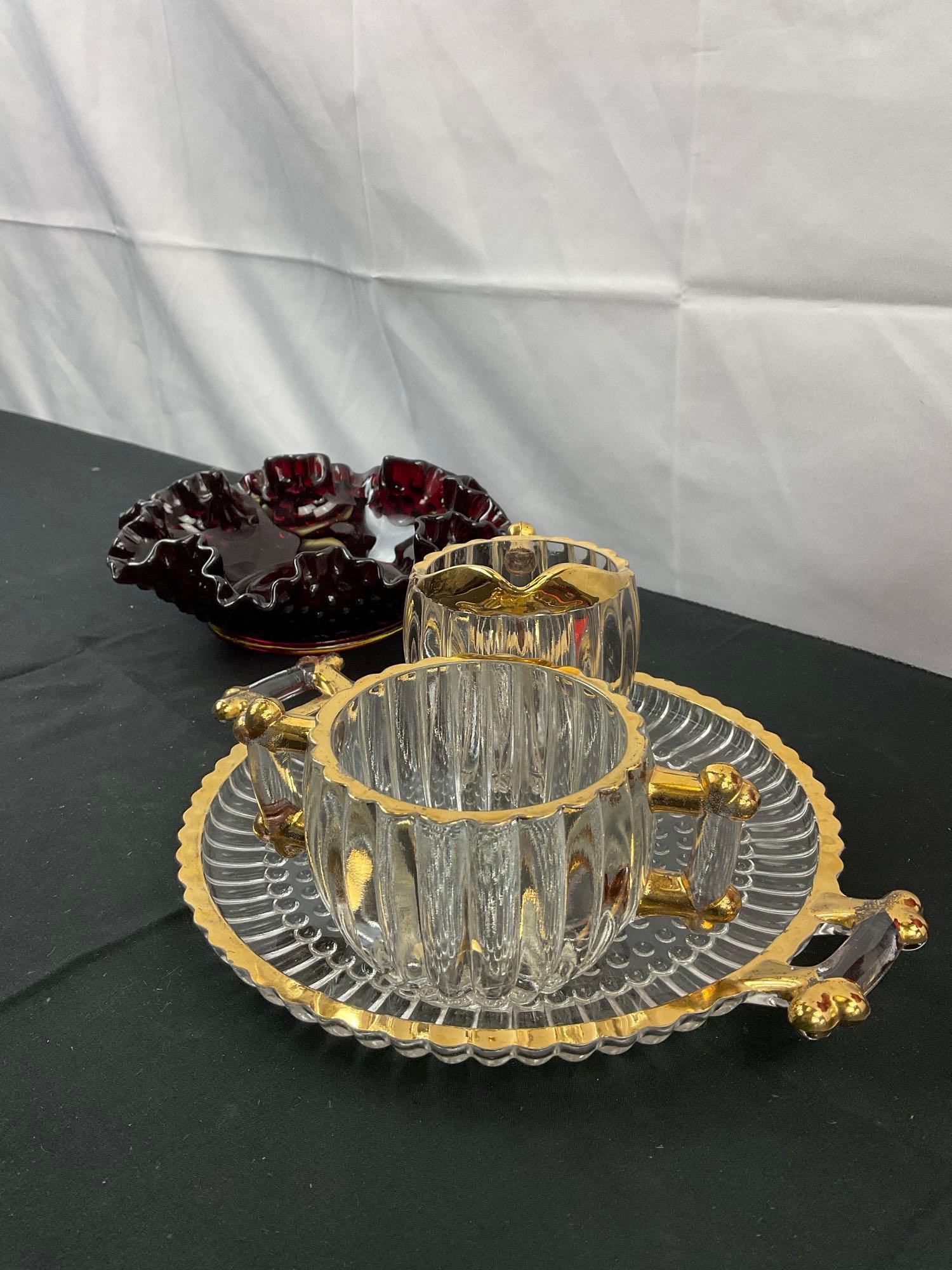 5 pcs Vintage Hobnail Glass Assortment. 1x Red Fenton Compote. 1x Tray w/ Creamer & Sugar. See pi...