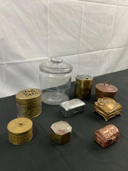 9 pcs Vintage Decorative Container Assortment. 1x Glass Apothecary Jar. 8x Metal Jars & Boxes. See