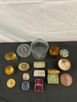 9 pcs Vintage Decorative Container Assortment. 1x Glass Apothecary Jar. 8x Metal Jars & Boxes. See