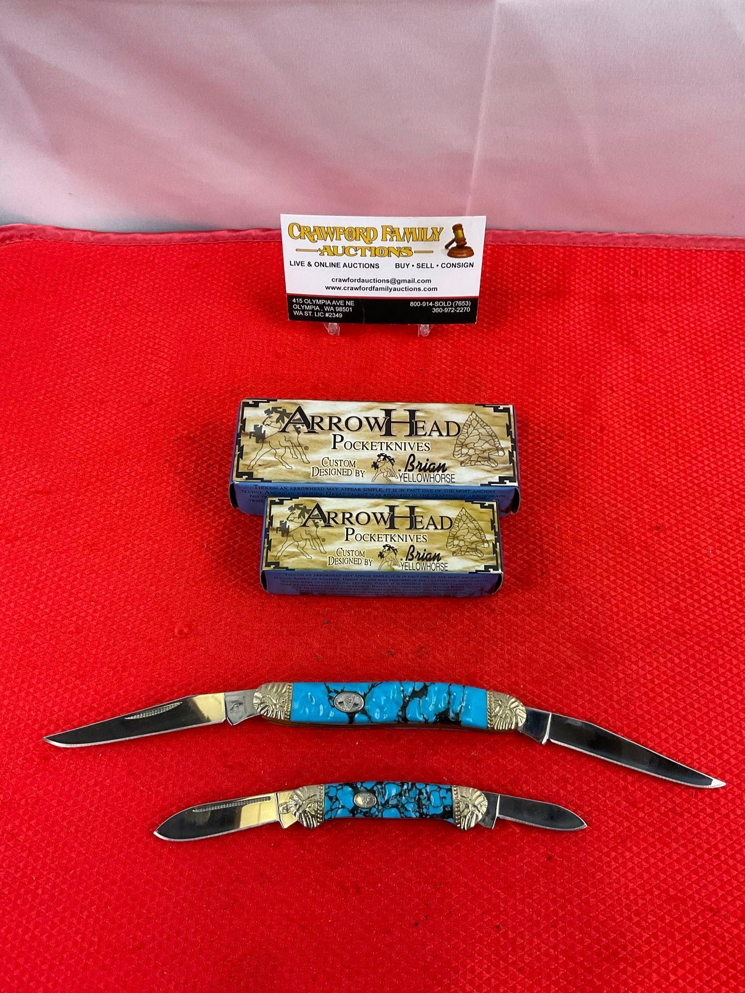 2 pcs Rough Rider Arrow Head Pocket Knives Designed by Brian Yellowhorse. RR790 & RR792. NIB. See