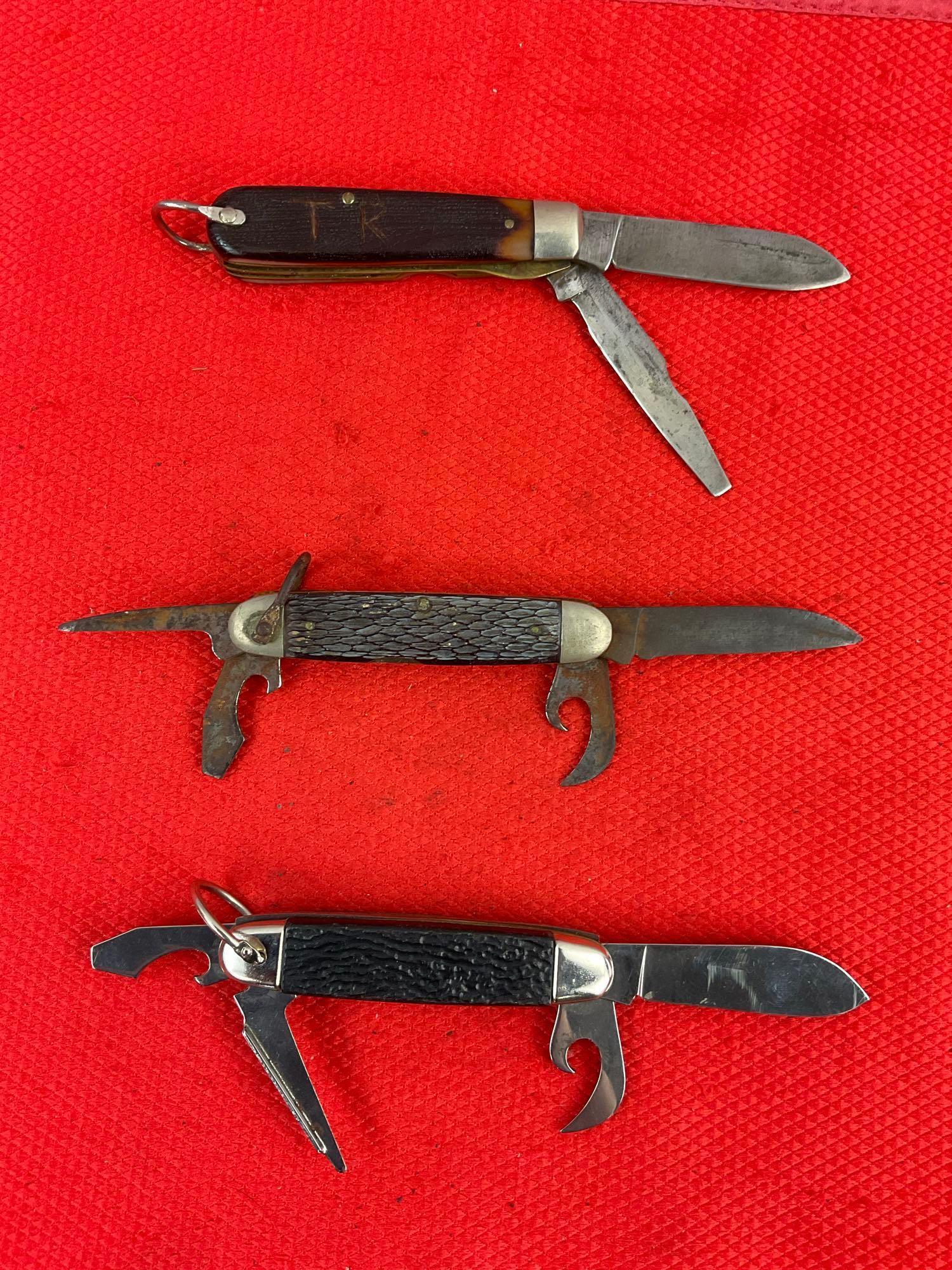 3 pcs Vintage Steel Folding Blade Utility Pocket Knife Assortment. Ulster, Imperial, Craftsman. As