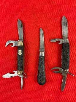 3 pcs Vintage Steel Folding Blade Pocket Knives. 1x Imperial, 1x PAL Cutlery, 1x Witness Sheffield.