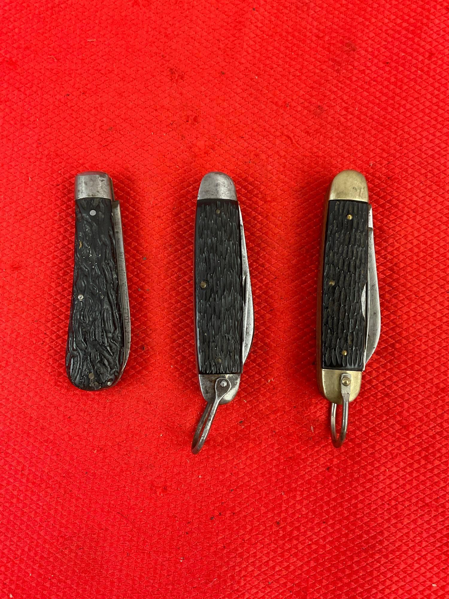 3 pcs Vintage Steel Folding Blade Pocket Knives. 1x Imperial, 1x PAL Cutlery, 1x Witness Sheffield.