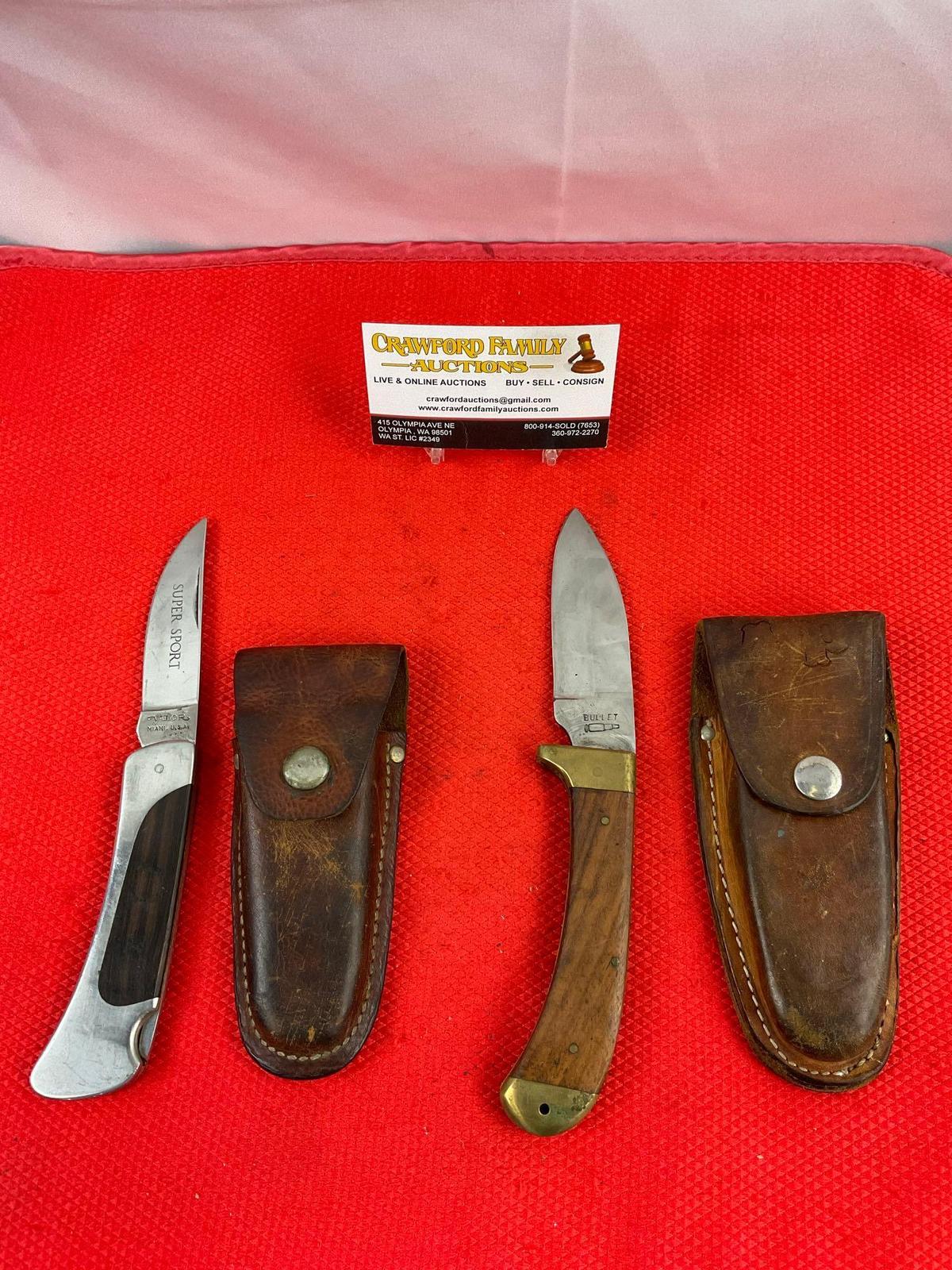 2 pcs Vintage Steel Folding Blade Pocket Knives w/ Sheathes. 1x Valor 315, 1x Bullet 13052. See