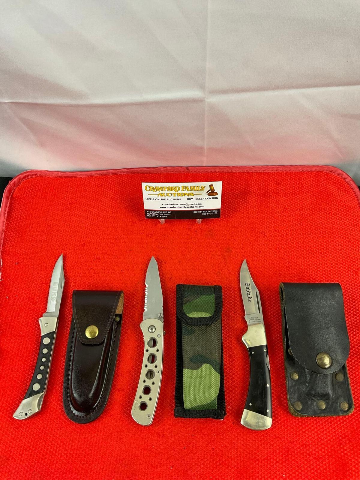 3 pcs Steel Folding Blade Pocket Knife w/ Sheath Assortment. 1x Parker, 1x CRKT, 1x Ruko. See pics.