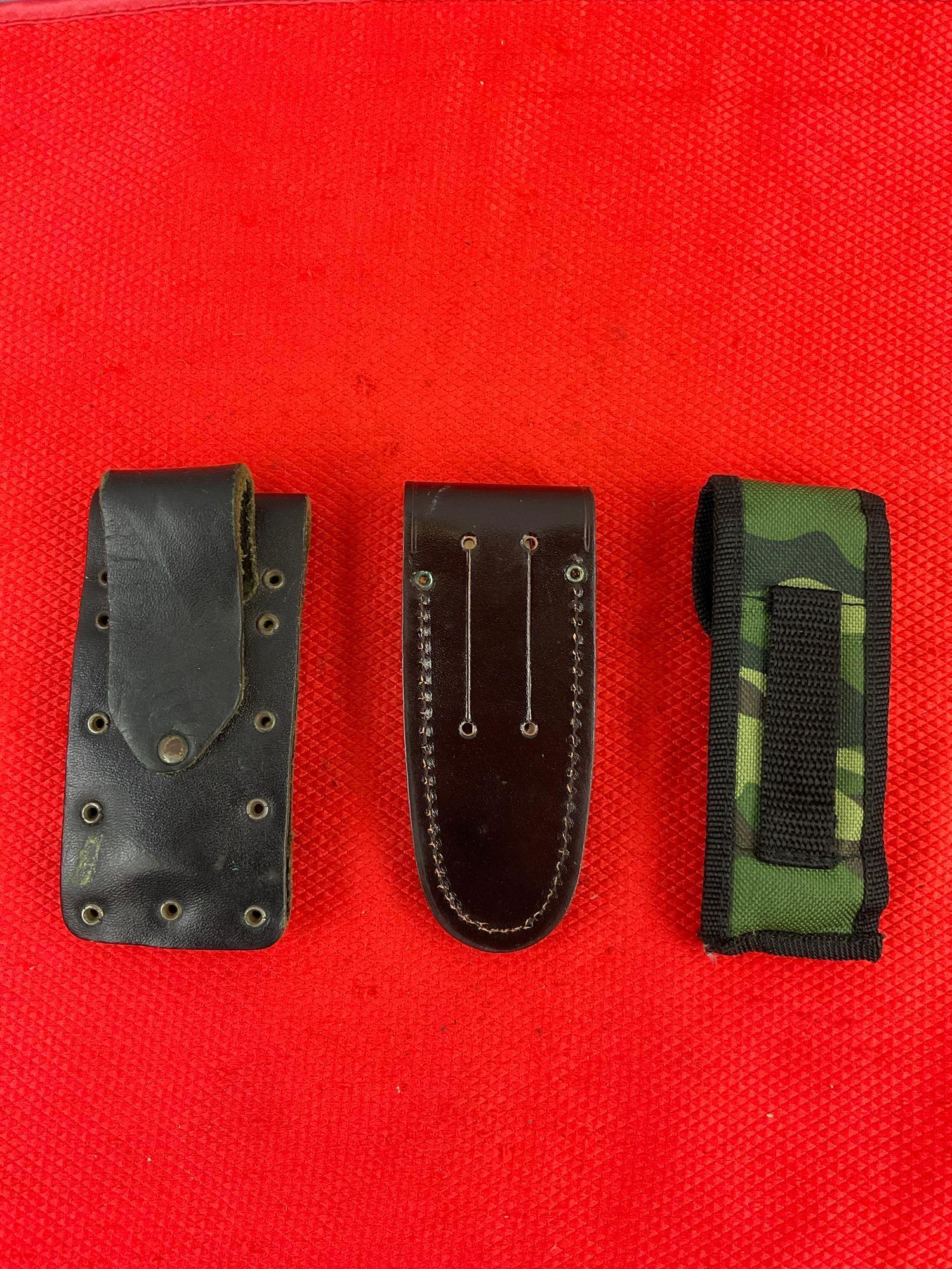 3 pcs Steel Folding Blade Pocket Knife w/ Sheath Assortment. 1x Parker, 1x CRKT, 1x Ruko. See pics.