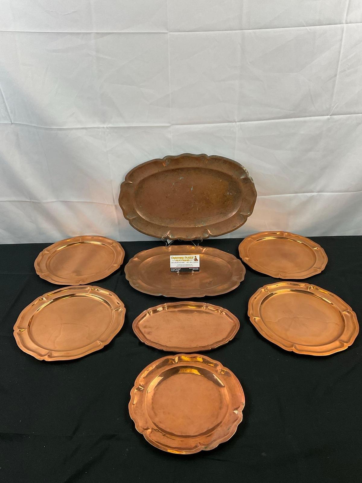 8 pcs Vintage Copper Serving Trays. 1x German "MERKUR" Kaffe-Spezial-Geschaft. See pics.