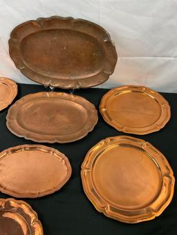 8 pcs Vintage Copper Serving Trays. 1x German "MERKUR" Kaffe-Spezial-Geschaft. See pics.