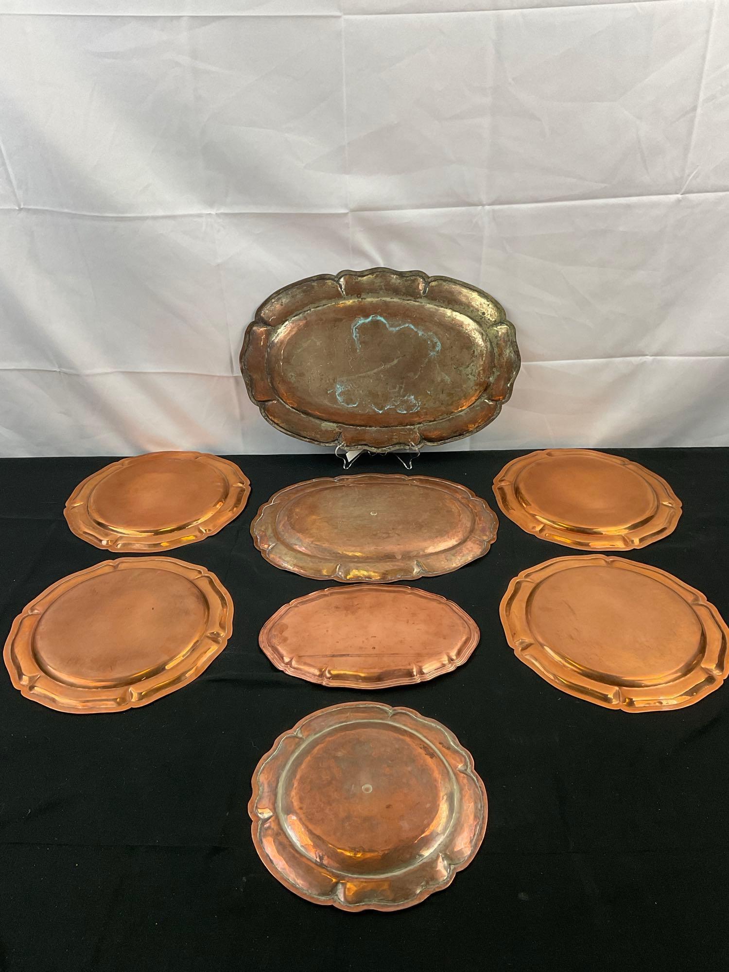 8 pcs Vintage Copper Serving Trays. 1x German "MERKUR" Kaffe-Spezial-Geschaft. See pics.