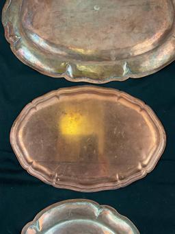 8 pcs Vintage Copper Serving Trays. 1x German "MERKUR" Kaffe-Spezial-Geschaft. See pics.