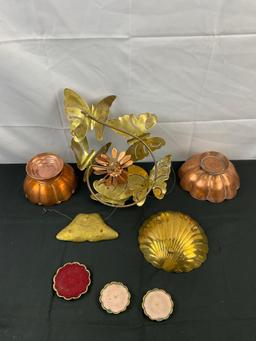 8 pcs Vintage Brass & Copper Decorative Assortment. Butterfly Dish, 2x Copper Bowls, Scallop Dish.