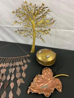 4 pcs Brass & Copper Decorative Assortment. Flat Brass Tree. Copper Leaf Dish. Metal Leaf Hanger.