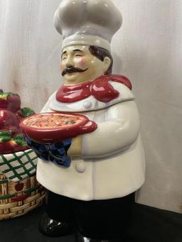 Pair of Figural Cookie Jars, Pizza Chef & Basket of Apples