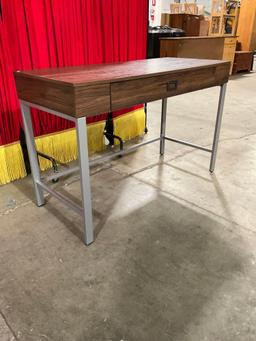 Modern Wood & Steel Side Table w/ Drawer. Measures 47" x 31" See pics.