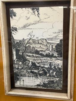 Framed Etched Italian Tile, Lovely Village Scene