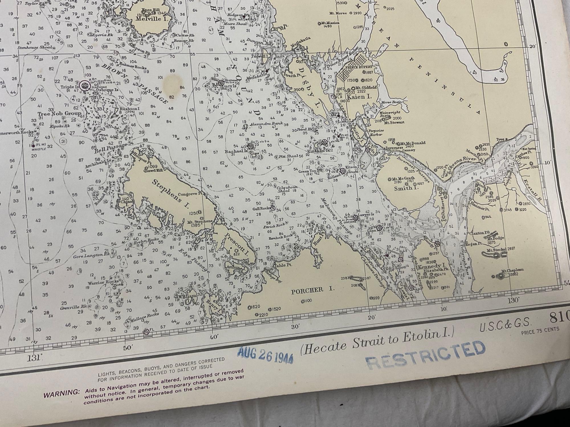 Vintage 1944 US DOC Survey Map Hecate Strait to Etolin Island incl. Behm & Portland Canals