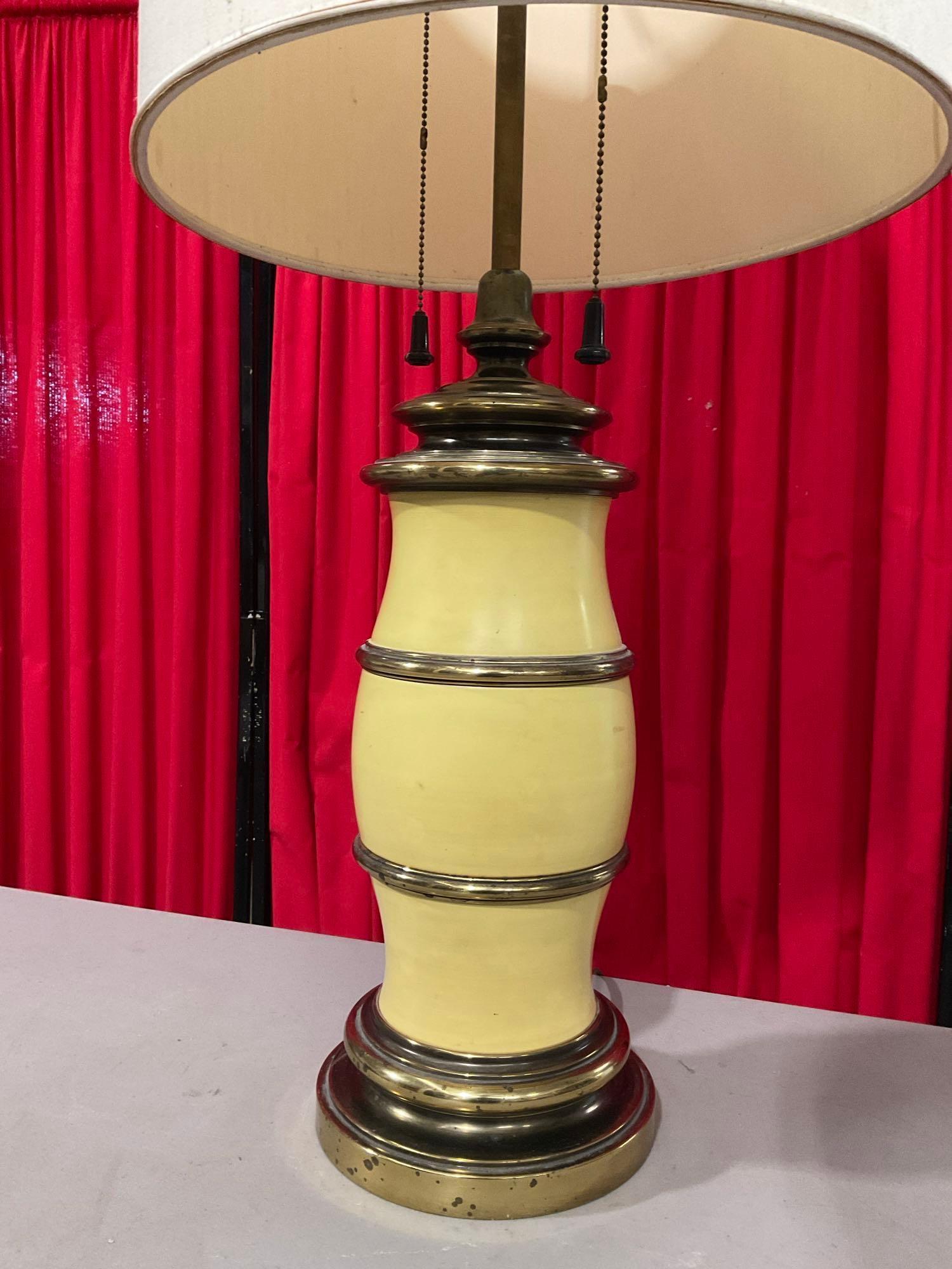 Vintage Painted Brass Table Lamp w/ Cream Cloth Shade. Tested, Works. See pics.