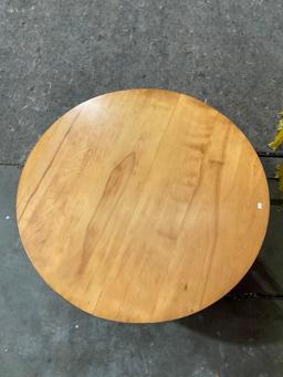 Vintage Low Round Wooden Coffee Table w/ Wheels & Pedestal Base. Measures 35" x 18" See pics.
