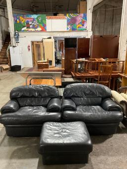 3 pcs Modern Charles Harland Black Leather Furniture. 2 Armchairs & 1 Ottoman w/ Wheels. See pics.