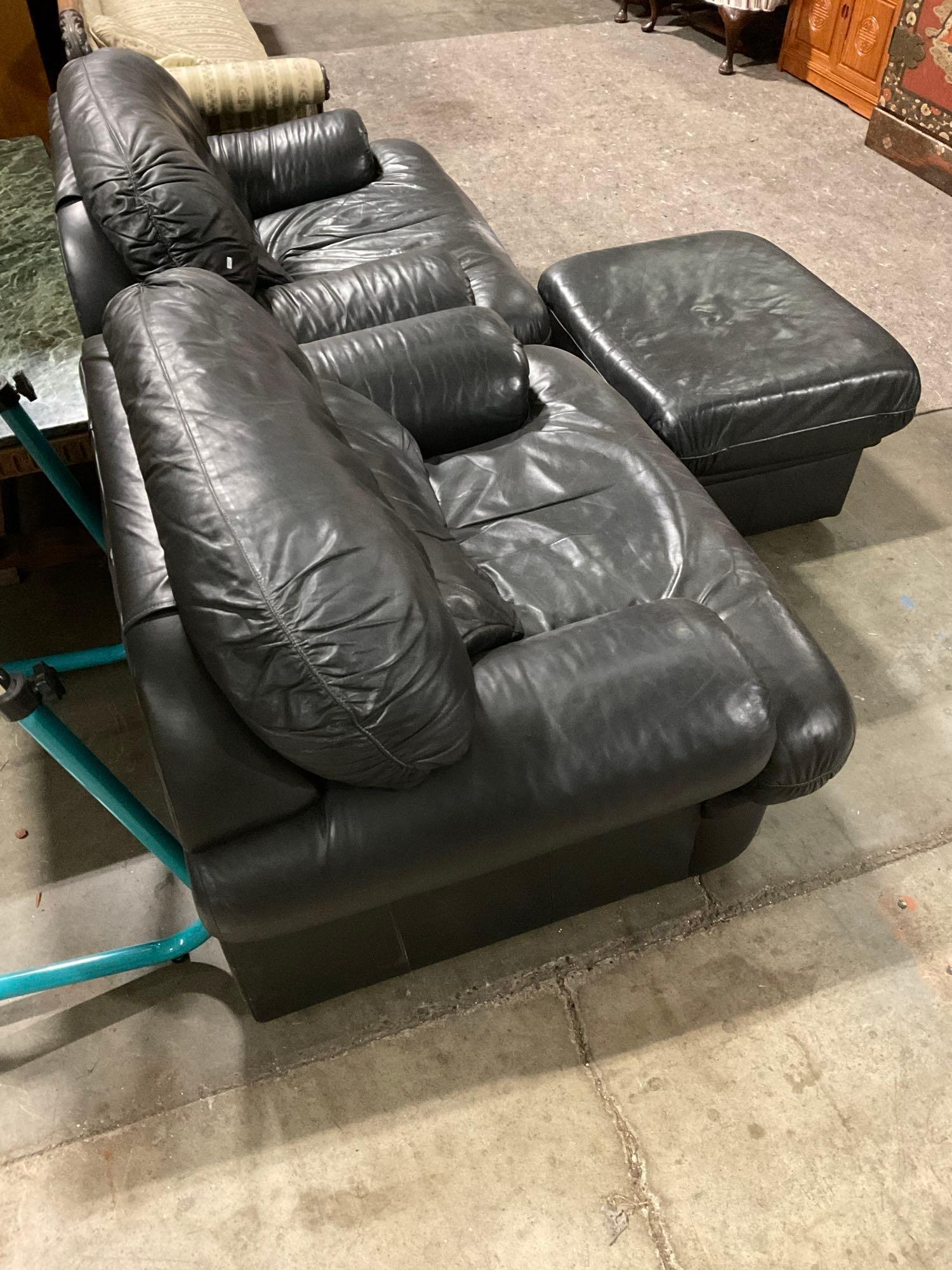 3 pcs Modern Charles Harland Black Leather Furniture. 2 Armchairs & 1 Ottoman w/ Wheels. See pics.