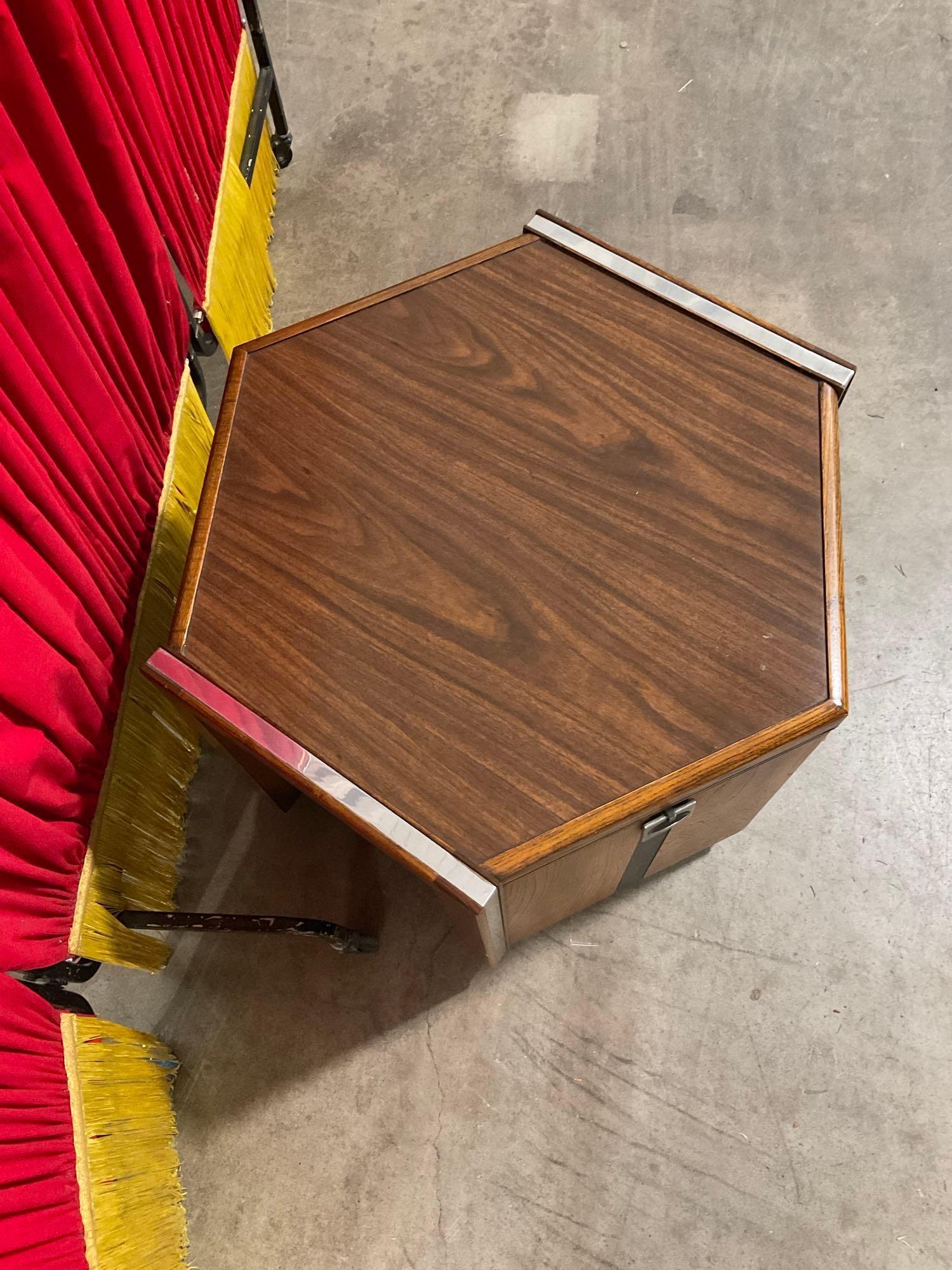 Vintage Mid-Century Modern Hexagonal Wooden Side Table w/ Mirror Inlay & Cupboard. See pics.