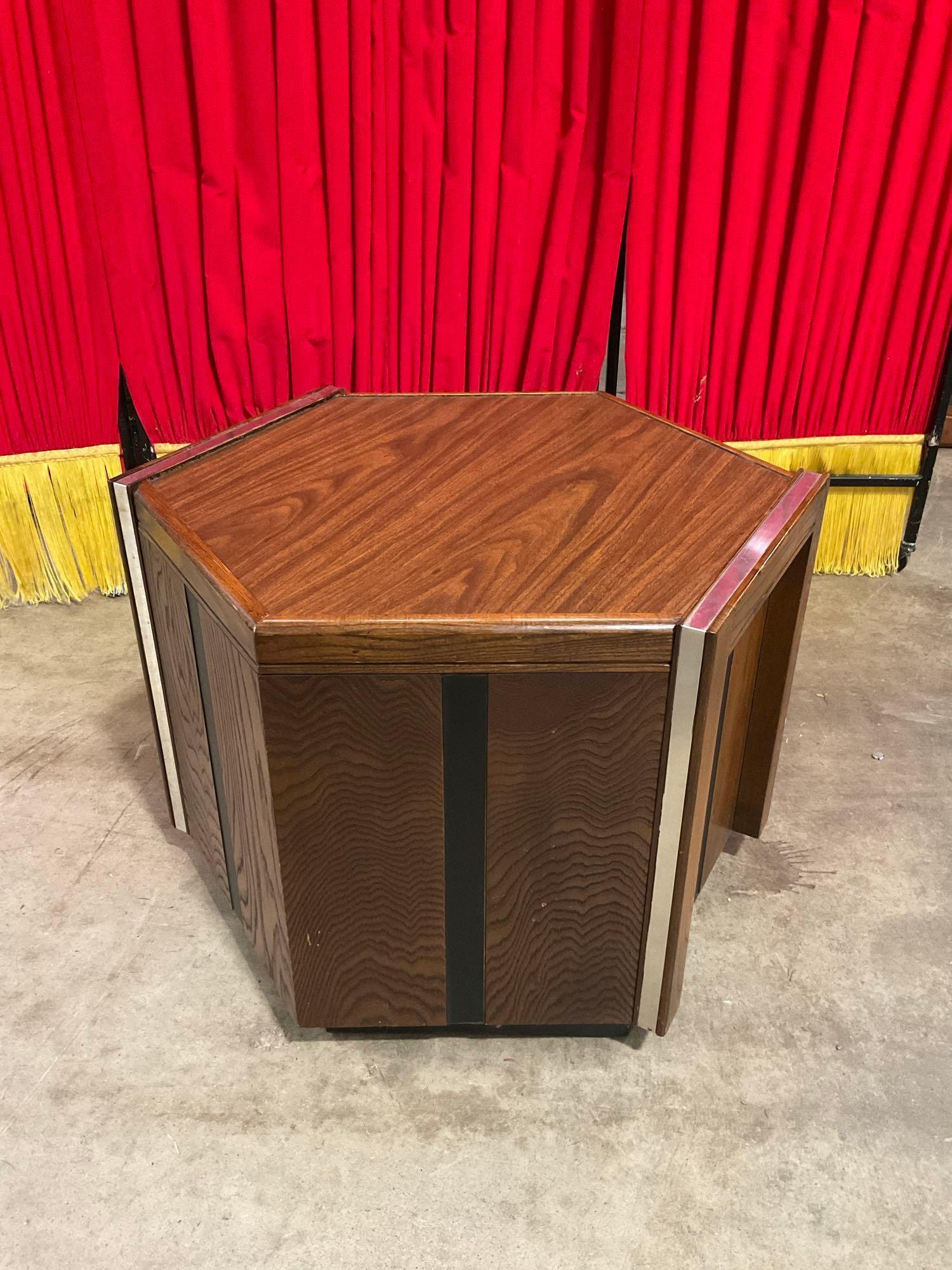 Vintage Mid-Century Modern Hexagonal Wooden Side Table w/ Mirror Inlay & Cupboard. See pics.