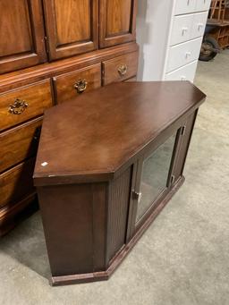 Contemporary Hexagonal Wooden Entertainment Stand w/ Glass Fronted Cupboard. See pics.