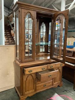 Vintage 2 Piece Oak Broyhill Curio Cabinet Hutch w/ 6 Drawers and 2 Cupboards. See pics.