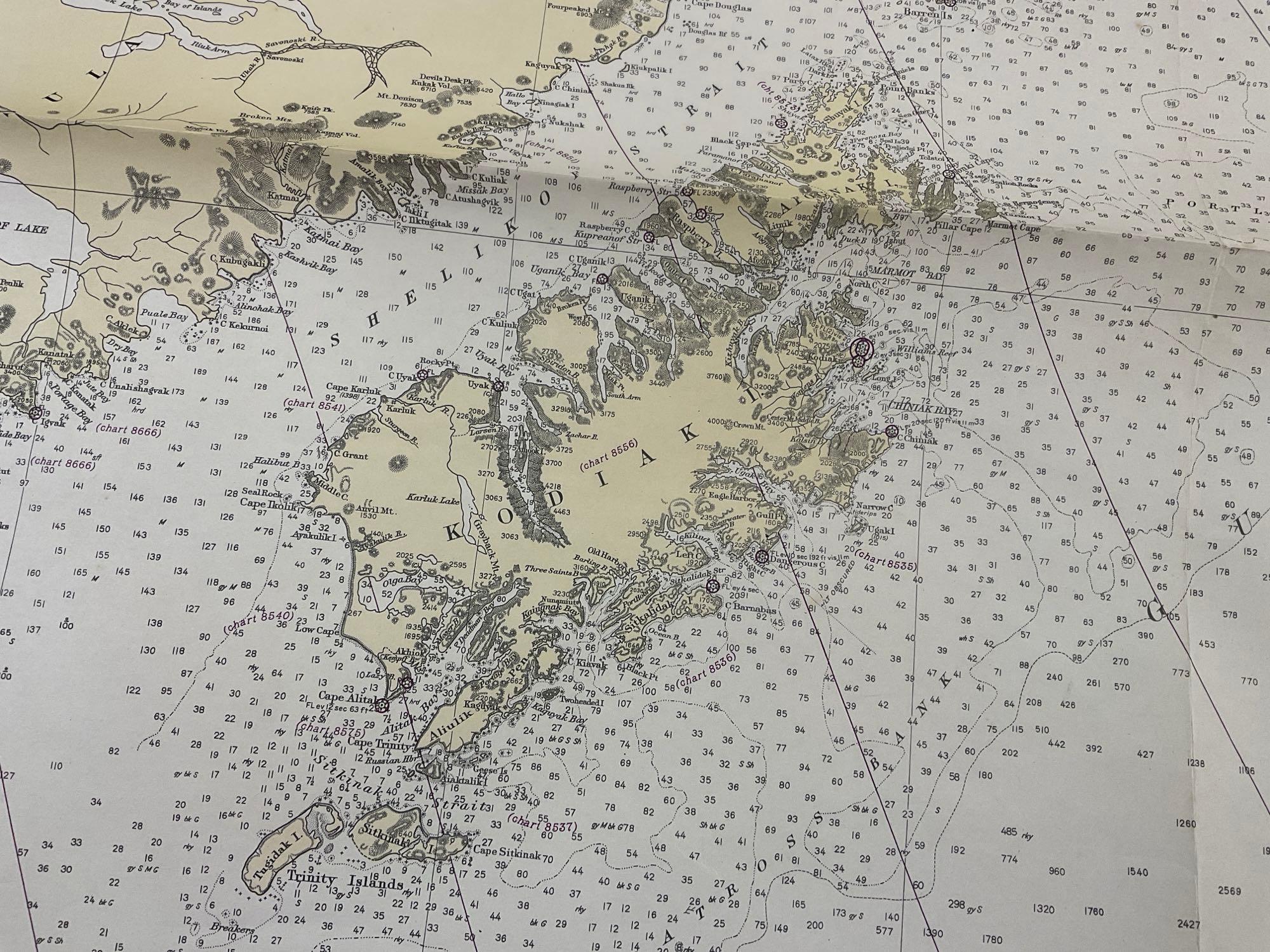 Vintage 1940s US DOC Survey Map, Alaska South Coast, Cape St. Elias to Shumagin Islands