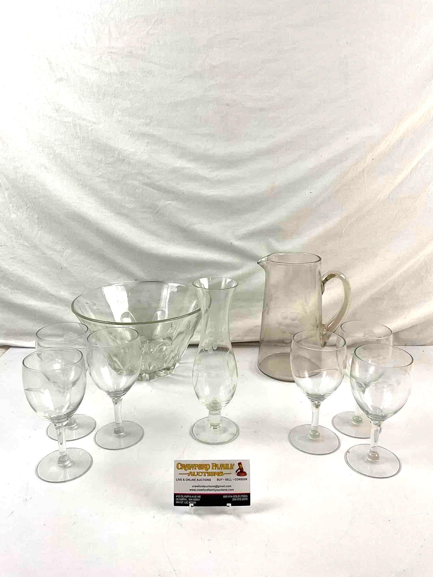 9 pcs Antique Heisey Etched Glass Assortment. Punch Bowl, Pitcher, 6 Glasses & Vase. See pics.