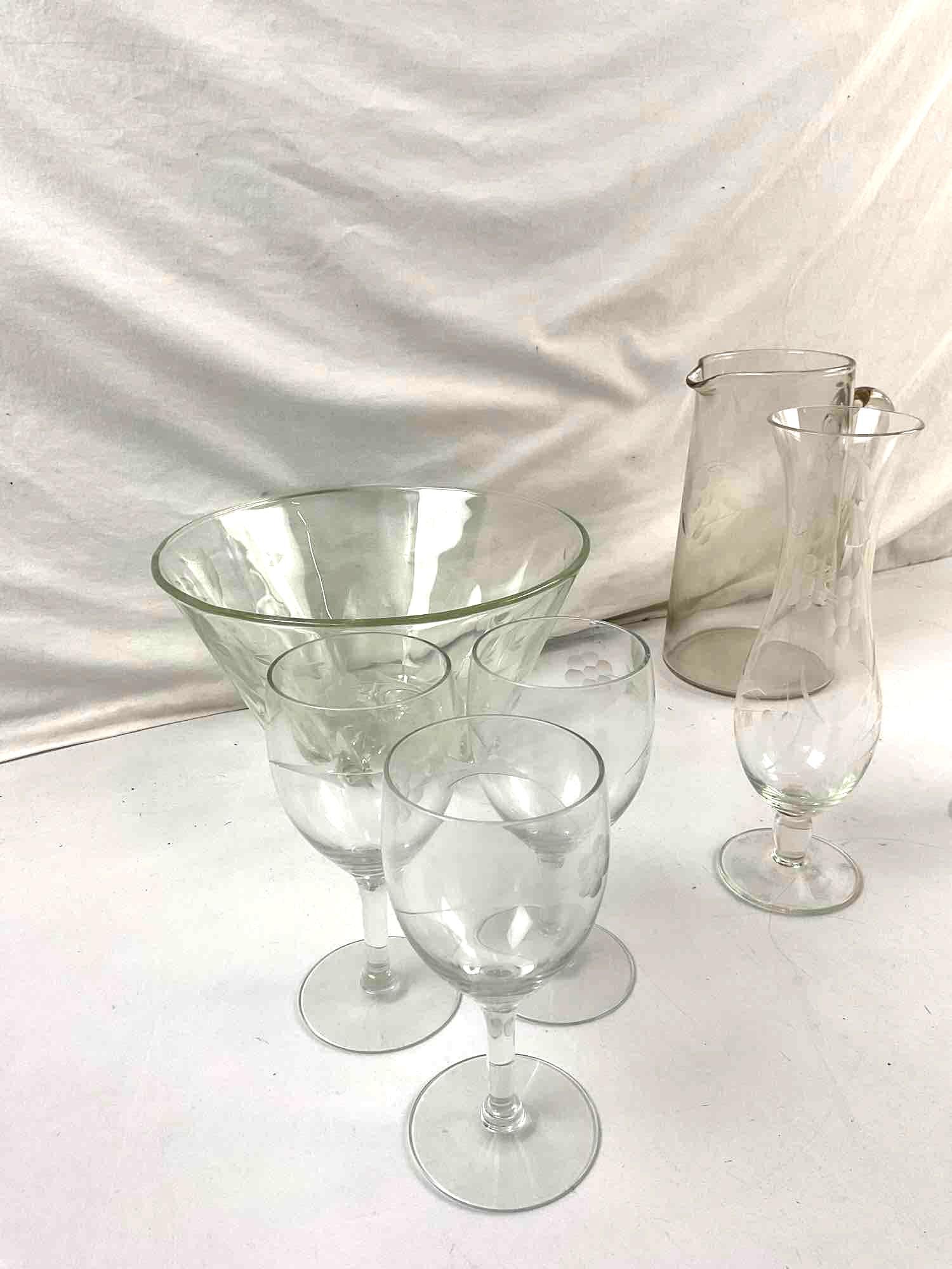9 pcs Antique Heisey Etched Glass Assortment. Punch Bowl, Pitcher, 6 Glasses & Vase. See pics.