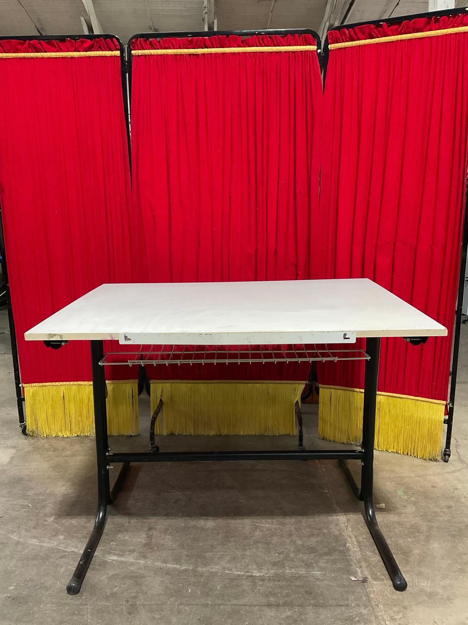 Modern Metal & Wood Drafting Table w/ Adjustable Drawing Surface & Storage Rack. See pics.