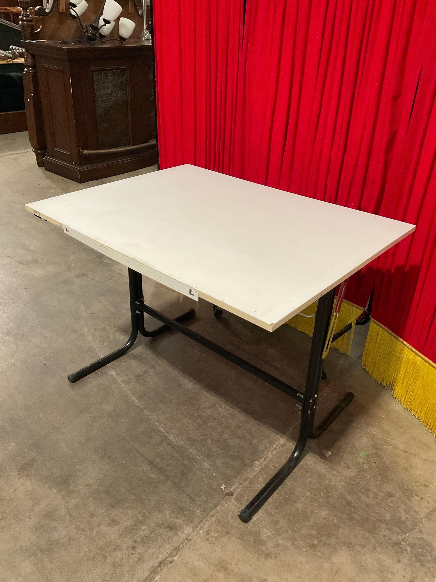 Modern Metal & Wood Drafting Table w/ Adjustable Drawing Surface & Storage Rack. See pics.