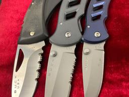 Trio of Modern Buck Folding Pocket Knives, Models 316 & 318 Parallax, 433 Juno