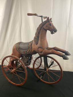 Antique Handpainted Wood & Cast Iron Riding Horse Childrens Tricycle