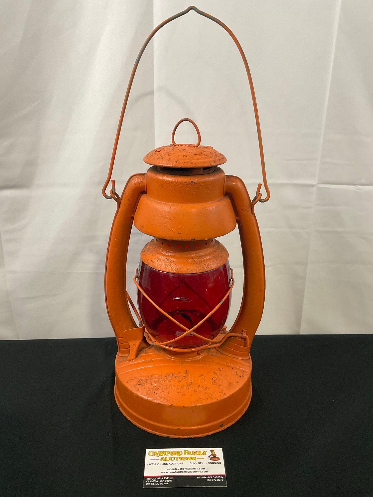 Vintage Embury MFG Co. No.2 Air Pilot Railroad Lantern, w/ red globe